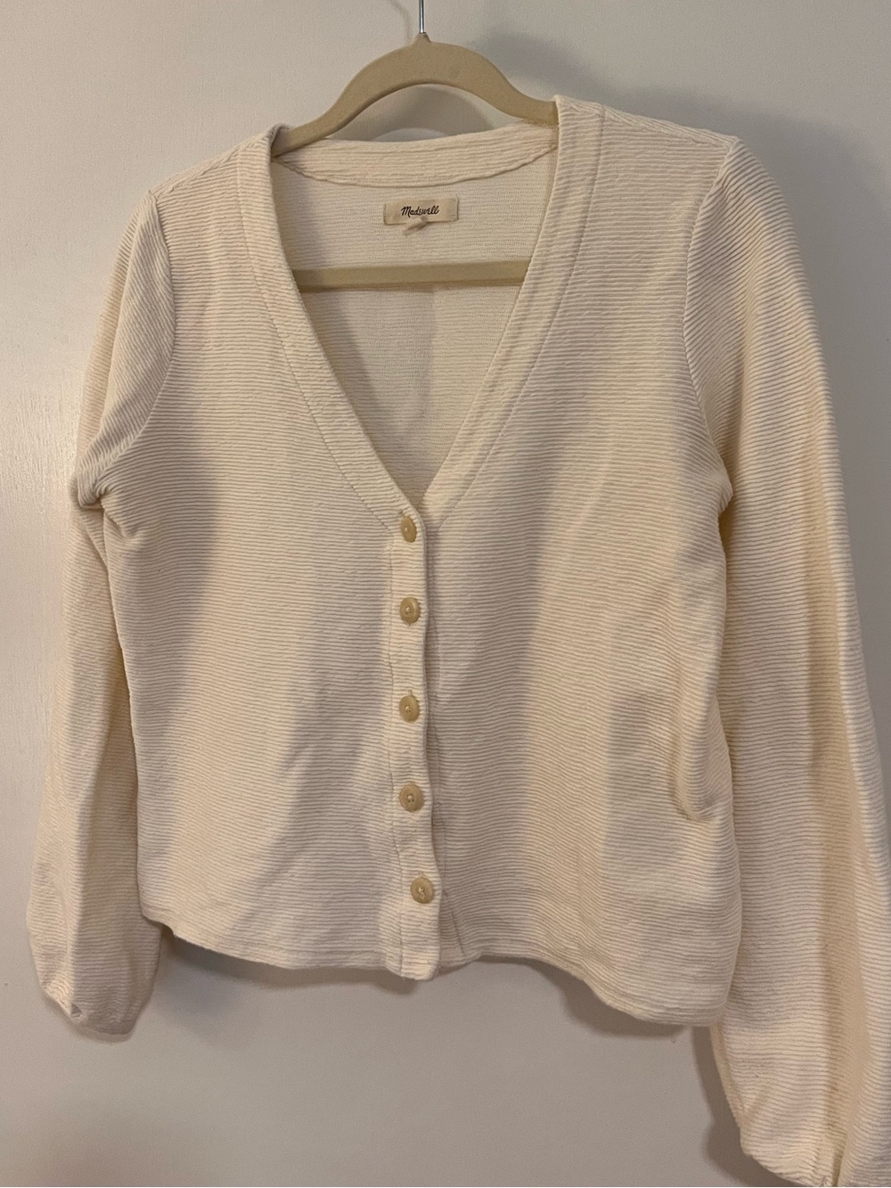 Madewell Cream V-Neck Ribbed Button Front Cardigan